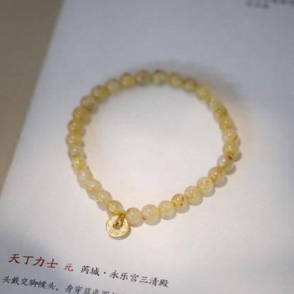 Natural 6MM Golden Rutilated Quartz Bracelet for Women, Attracting Wealth Coin Bracelet, High-End New Chinese Style Crystal Bracelet