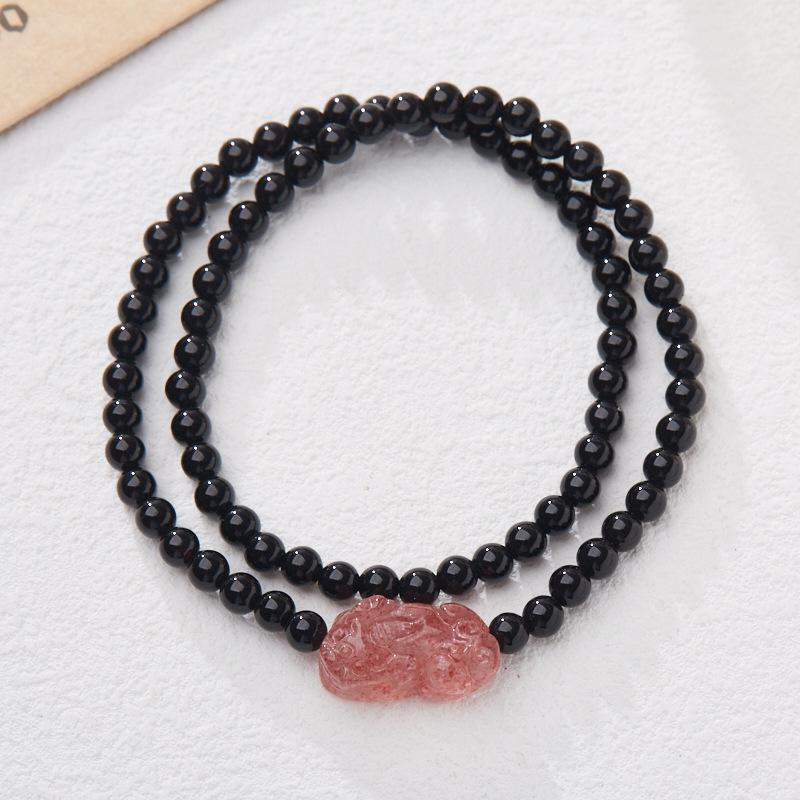 Natural Black Agate Double Circle Bracelet Strawberry Quartz Peach Blossom Girlfriends Beaded Small New Chinese Bracelet