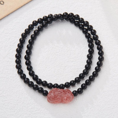 Natural Black Agate Double Circle Bracelet Strawberry Quartz Peach Blossom Girlfriends Beaded Small New Chinese Bracelet