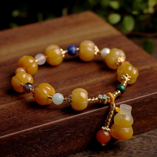 Gold Silk Jade Bracelet Wholesale Drum Beads Pumpkin Beads Gourd Ethnic Style Bracelet Yellow Jade Pixiu Bracelet for Women