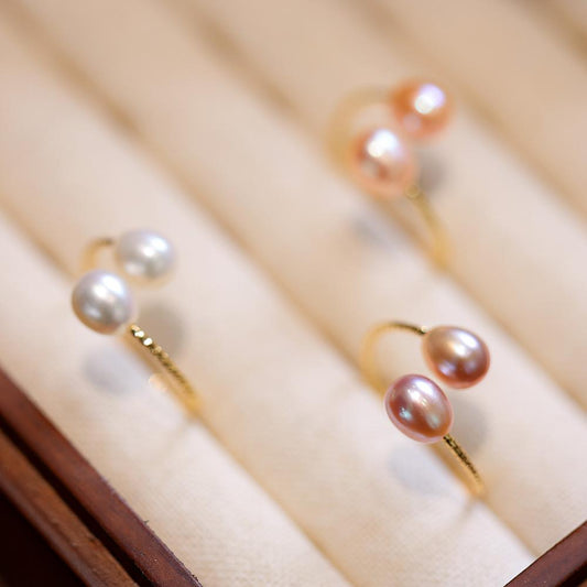 French Elegant Natural Freshwater Pearl Ring for Women, Three-Color Pearl Adjustable Index Finger Ring, Light Luxury Gentle Style