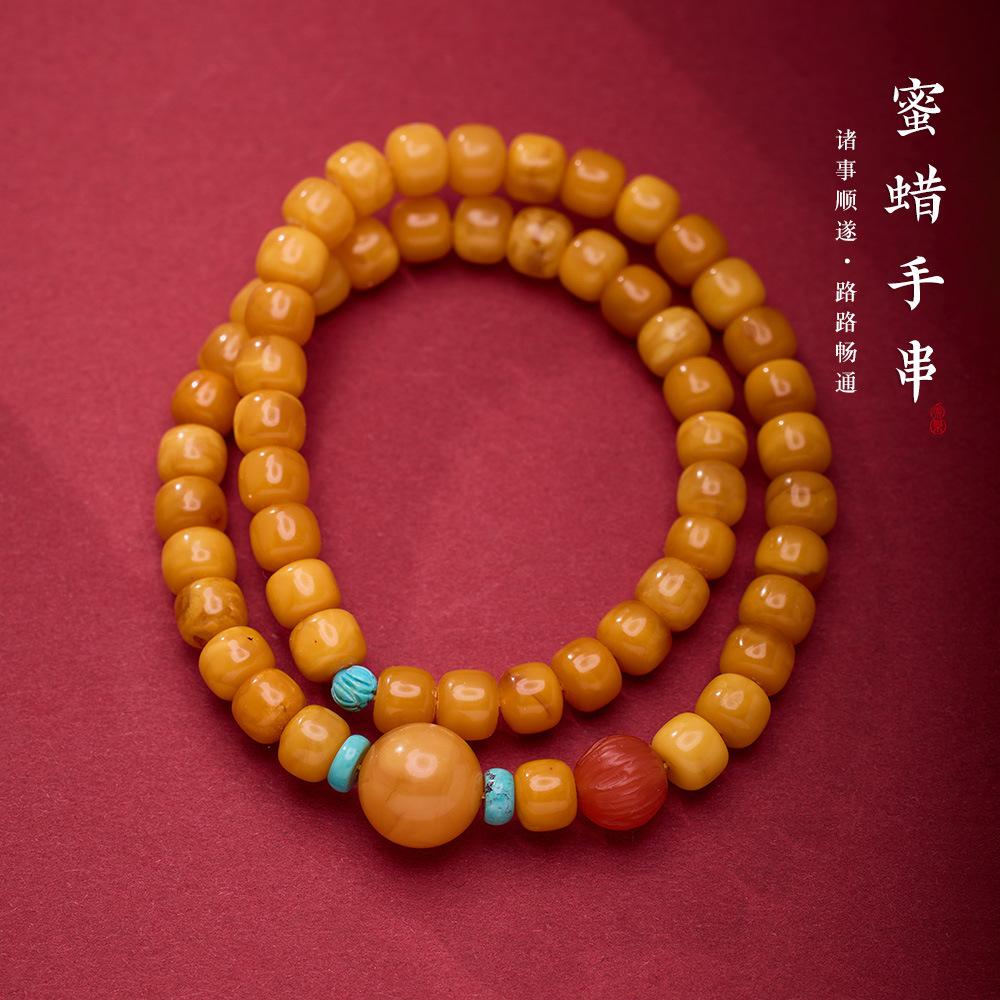 Natural Chicken Fat Yellow Beeswax Buddha Beads Bracelet for Women Amber Hetian Jade Single Circle Bracelet Retro Chinese Style Design