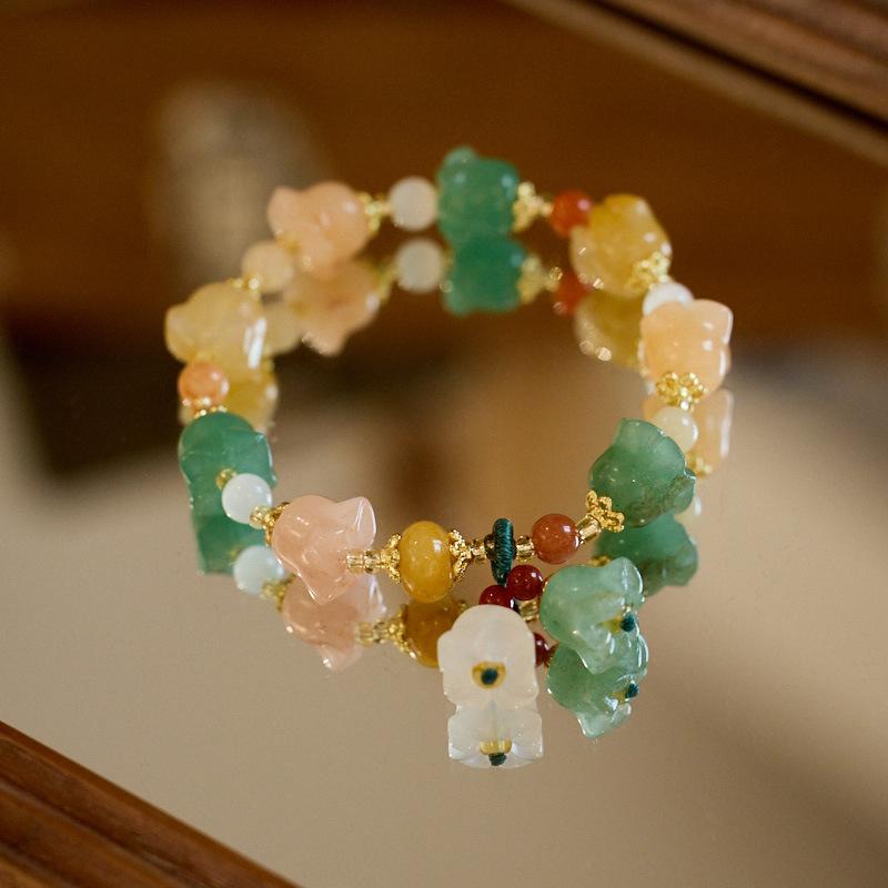 Xinjiang Natural Golden Silk Jade Bracelet for Women, Lily of the Valley Colorful Flower Jade Bracelet, Fashionable Gift for Best Friend
