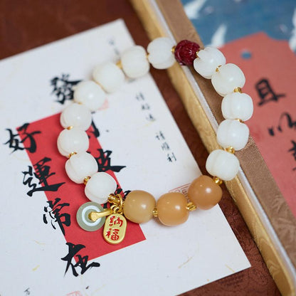Lingyin Blessing Natural White Jade Bodhi Pumpkin Bracelet Good Luck Cinnabar Lotus Bracelet Temple Same Style Gift