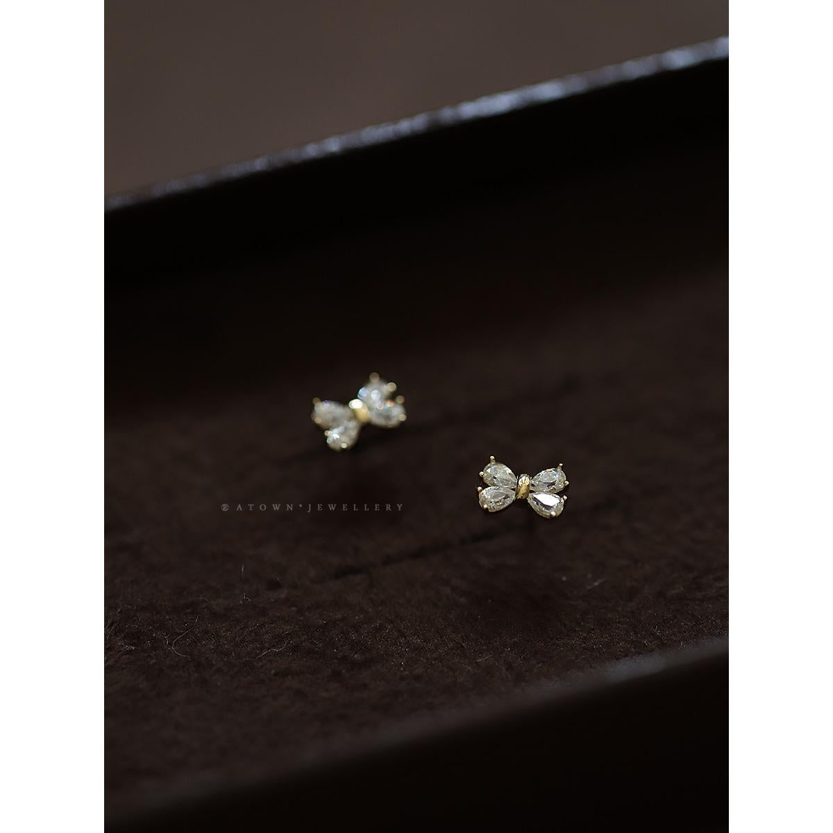 S925 Silver Plated 14K Gold Earrings Four Diamonds Bowknot Sweet Korean Design Mini Earrings Girlfriend Gift