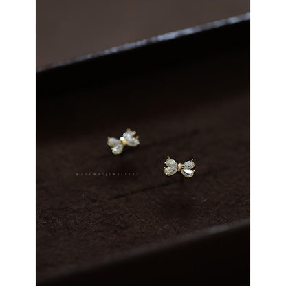 S925 Silver Plated 14K Gold Earrings Four Diamonds Bowknot Sweet Korean Design Mini Earrings Girlfriend Gift