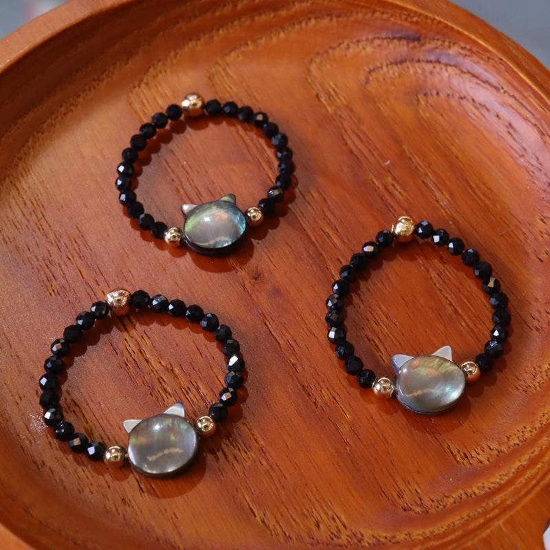 Natural Black Mother-of-Pearl Ultra-Fine Black Spinel Cat Ring Crystal Stone Natural Black Crystal Personality Beaded Ring