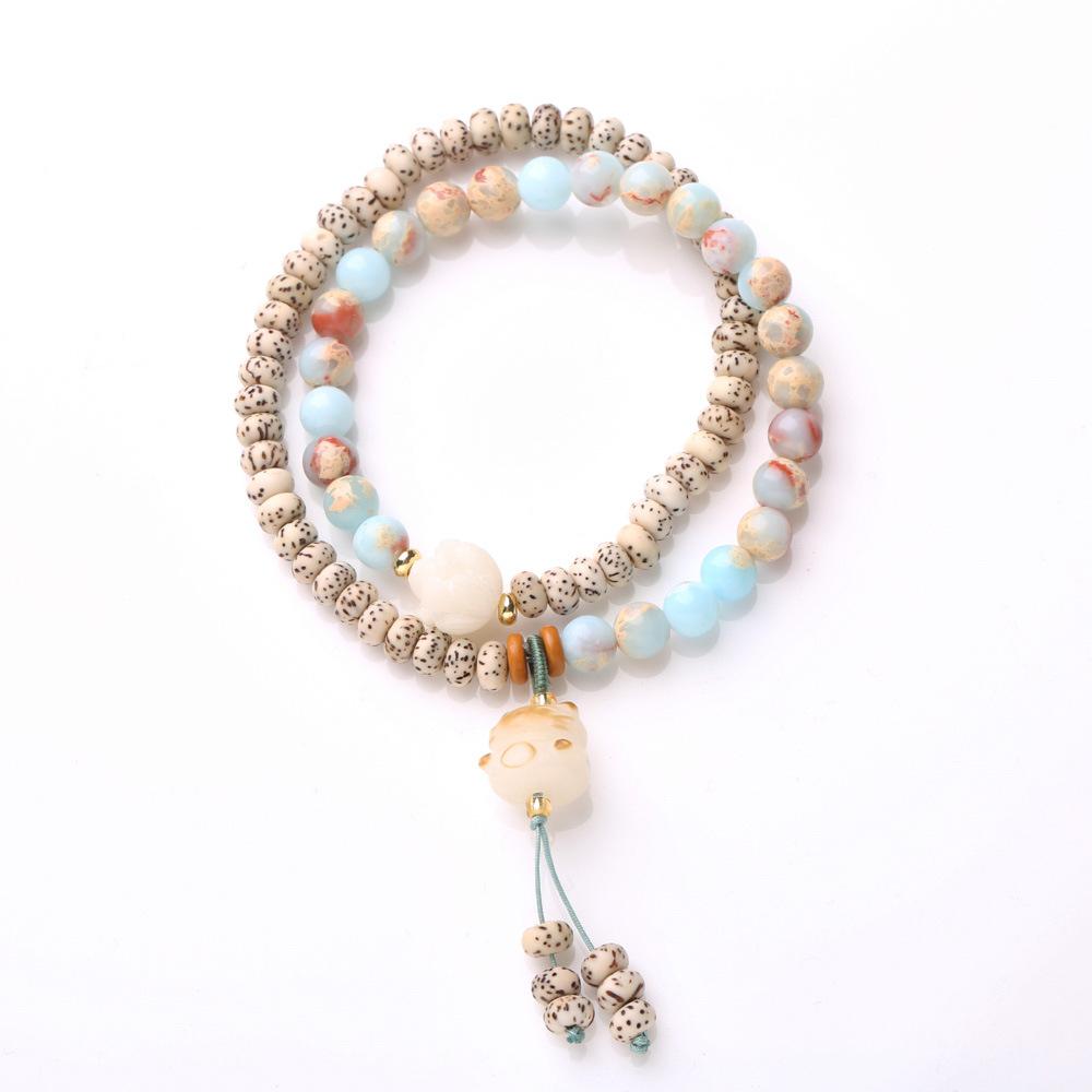 New Chinese Style Natural Shoushan Stone Bracelet Star Moon Bodhi Charcoal Burnt Little Cat Double Circle Cultural Play Bracelet Buddhist Beads Prayer Beads