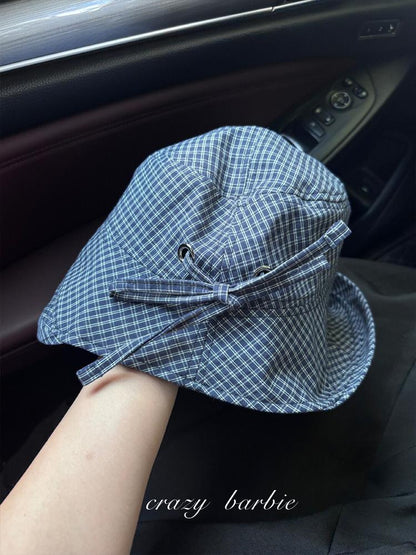 Sweet Navy Blue Plaid Fisherman Hat for Women, New Summer Wide Brim Sunshade Sun Protection Bucket Hat