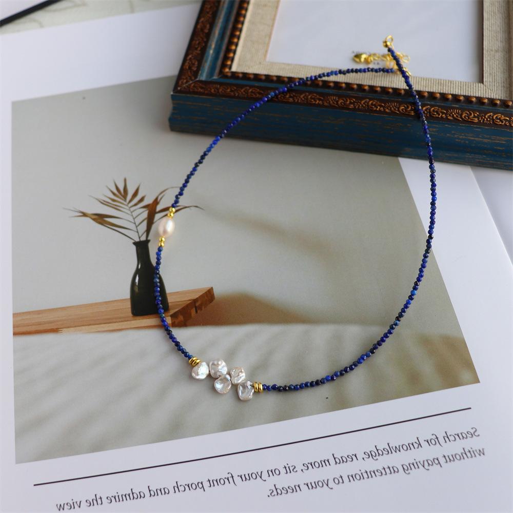 Design Simple Natural Lapis Lazuli Malachite Freshwater Petal Pearl Necklace Ultra-fine Layered Collarbone Chain Necklace