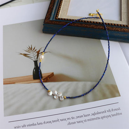 Design Simple Natural Lapis Lazuli Malachite Freshwater Petal Pearl Necklace Ultra-fine Layered Collarbone Chain Necklace
