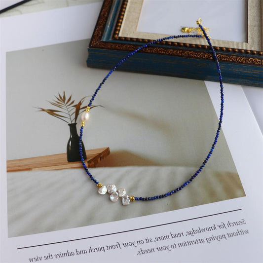 Design Simple Natural Lapis Lazuli Malachite Freshwater Petal Pearl Necklace Ultra-fine Layered Collarbone Chain Necklace