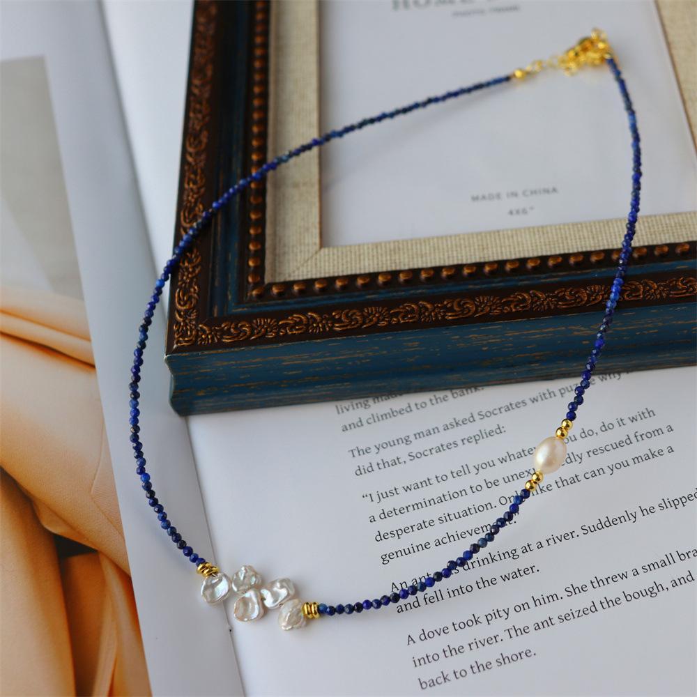 Design Simple Natural Lapis Lazuli Malachite Freshwater Petal Pearl Necklace Ultra-fine Layered Collarbone Chain Necklace