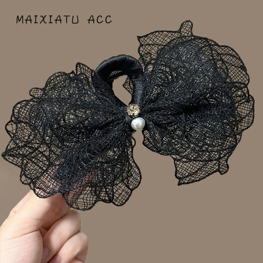 Lannuo Black Lace Trim Bow Hair Clip Simple French Elegant Back of Head Shark Clip Large Claw Clip