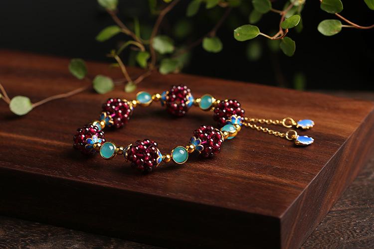 National Style Natural Garnet Simple Women's Garnet Bracelet with Tianhe Stone Cloisonné Accessories Beaded Bracelet Jewelry