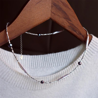 Elegant Design Light Luxury Minimalist Style Broken Silver Irregular Freshwater Pearl Small Silver Bar Handmade Beaded Necklace
