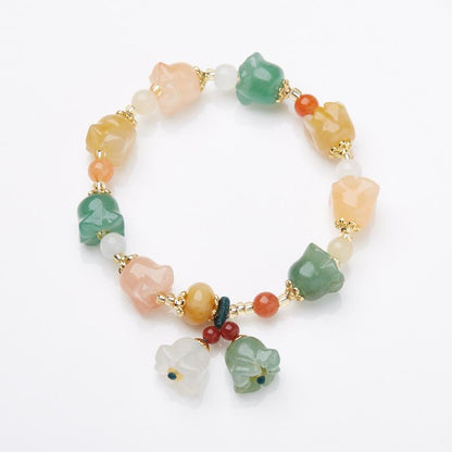 Xinjiang Natural Golden Silk Jade Bracelet for Women, Lily of the Valley Colorful Flower Jade Bracelet, Fashionable Gift for Best Friend