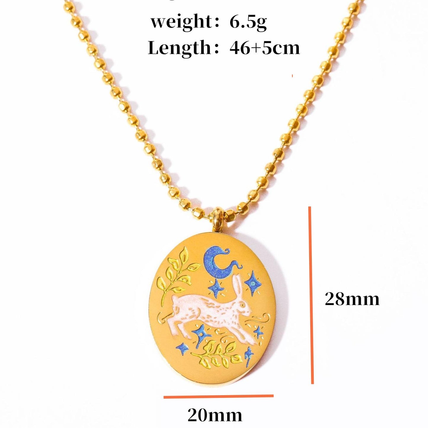 Titanium Steel New Hand-Painted Oil-Drip Rabbit Element Pet Oval Tarot Card Necklace Color-Retaining 18K Gold Plating