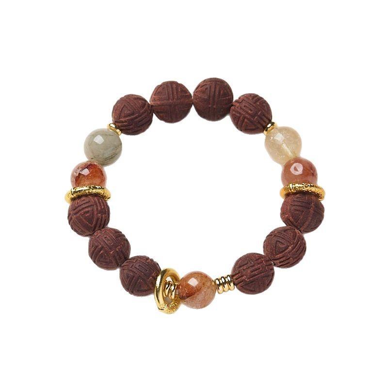 Handmade DIY Ancient Method Incense Bead Bracelet Golden Rutilated Quartz Red Agate Crystal Bracelet Medicinal Incense Bead Handcraft