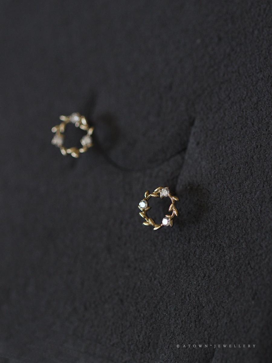 S925 Sterling Silver Gold-Plated Earrings for Women Zircon Branch Leaf Small Flower Ring Elegant Petite Floral Korean and Japanese Style Earrings