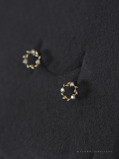 S925 Sterling Silver Gold-Plated Earrings for Women Zircon Branch Leaf Small Flower Ring Elegant Petite Floral Korean and Japanese Style Earrings