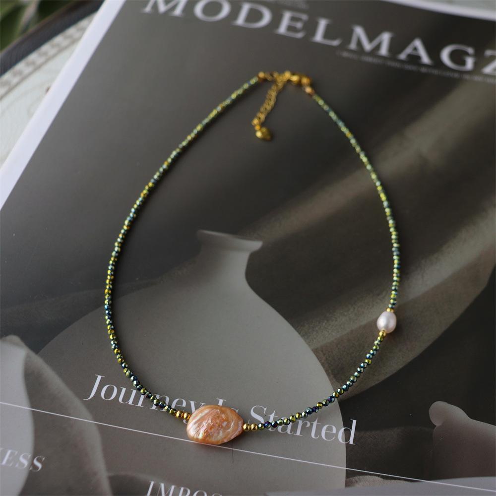 Design Simple Natural Lapis Lazuli Malachite Freshwater Petal Pearl Necklace Ultra-fine Layered Collarbone Chain Necklace