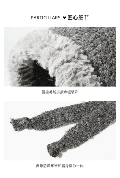 Autumn Winter Fluffy Ear Protection Knitted Hat for Women Large Head Circumference Cold-Proof Warm Wool Hat Color-Block Tie Head Wrap Hat