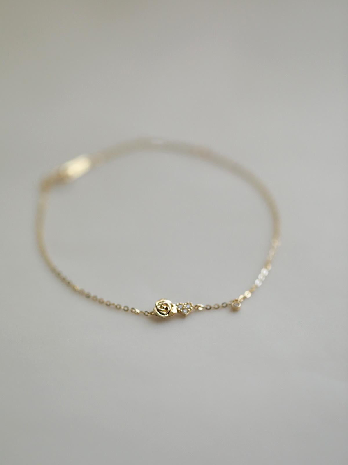 Rose Flower S925 Silver Plated 14K Gold Fine Sparkling Rose Heart Ultra-Thin Bracelet Gift