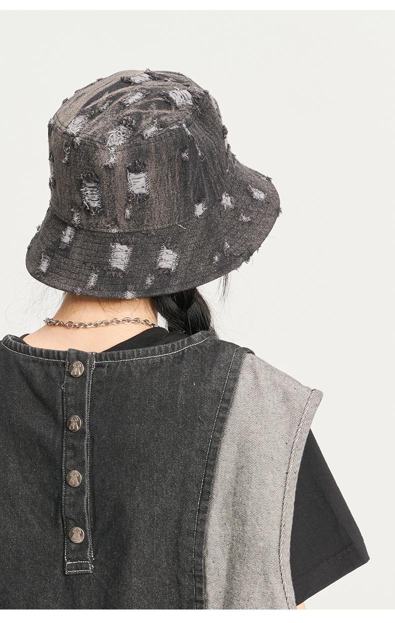 Spring Summer Denim Fisherman Hat for Women, Unique Trendy Distressed Sun Hat for Men, Korean Fashion Face-Slimming Bucket Hat
