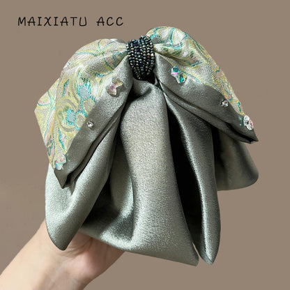 Colorful Roman Tail Clip New Chinese Style Green Bow High Ponytail Claw Clip for Women High-end Feel Back of Head Half Updo Claw Clip