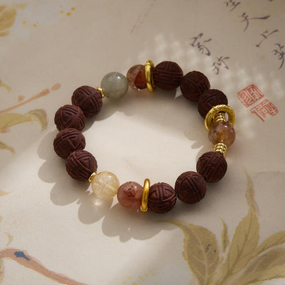 Handmade DIY Ancient Method Incense Bead Bracelet Golden Rutilated Quartz Red Agate Crystal Bracelet Medicinal Incense Bead Handcraft