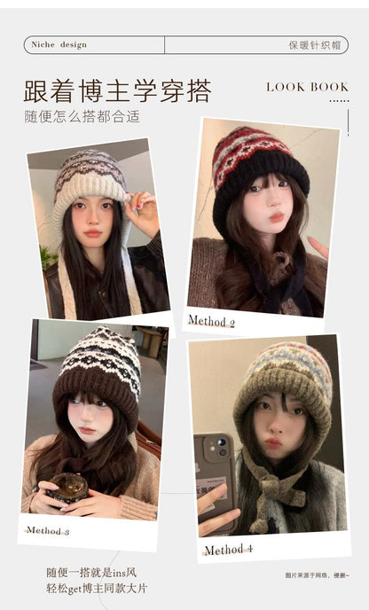 Korean Style Hat for Women Winter Knitted Drawstring Slouchy Beanie Fair Isle Style Retro Versatile Wool Hat for Women