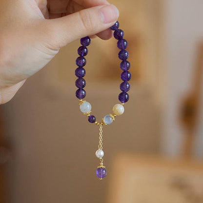 Niche Design Natural 8MM Amethyst Bracelet for Women with Pearl Tassel, Women's Bracelet Jewelry, Best Friend Gift