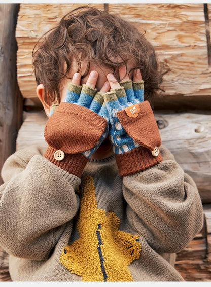 Children's Gloves Winter Boys Girls Half Finger Five Finger Flip Cover Warm Primary School Students Writing Special Class A Autumn
