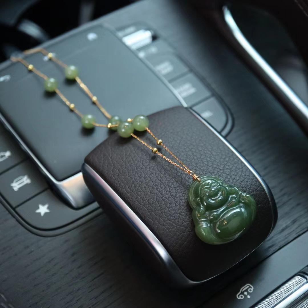 Natural Hetian Jade Hugging Buddha Pendant Necklace Couple Style Jade Pendant Exquisite Carving Braided Cord