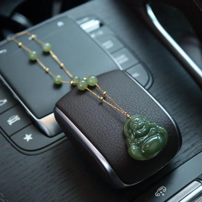 Natural Hetian Jade Hugging Buddha Pendant Necklace Couple Style Jade Pendant Exquisite Carving Braided Cord