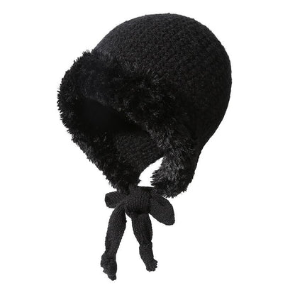 Autumn Winter Fluffy Ear Protection Knitted Hat for Women Large Head Circumference Cold-Proof Warm Wool Hat Color-Block Tie Head Wrap Hat