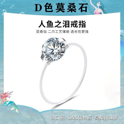 S925 Sterling Silver Moissanite Ring Design Sense Light Luxury Transparent Line Mermaid's Tears Ring Diamond Ring Women's Gift