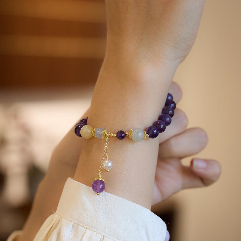 Niche Design Natural 8MM Amethyst Bracelet for Women with Pearl Tassel, Women's Bracelet Jewelry, Best Friend Gift