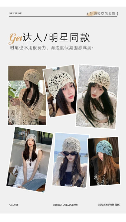 New Lace Beanie Hand-Knitted Slouchy Hat for Women Summer Thin Hollow Crochet Knitted Cool Hat Trendy