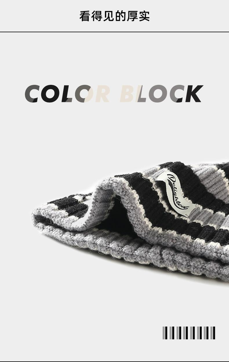 Autumn Winter Color-Block Knitted Hat for Women Outdoor Warm Versatile Wool Hat Trendy Cool Beanie Large Head Circumference Hat