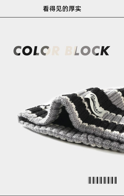 Autumn Winter Color-Block Knitted Hat for Women Outdoor Warm Versatile Wool Hat Trendy Cool Beanie Large Head Circumference Hat