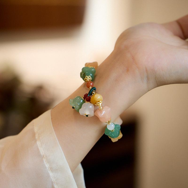 Xinjiang Natural Golden Silk Jade Bracelet for Women, Lily of the Valley Colorful Flower Jade Bracelet, Fashionable Gift for Best Friend