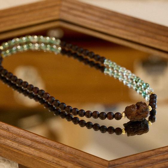 Agarwood Bracelet Nine-Tailed Fox Phoenix Nine Fox White Crystal Double Circle Bracelet High-End Buddhist Bead Bracelet