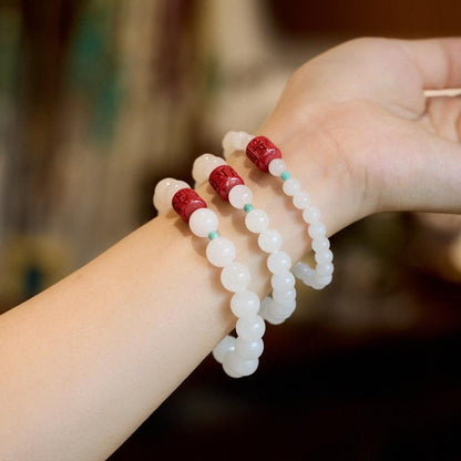 Hetian White Jade Bracelet for Women with Cinnabar Six-Word Mantra, Jadeite Hetian Jade Beads, Zodiac Year Gift