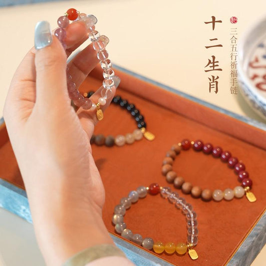 Three-in-One Twelve Zodiac Bracelet for Women Strawberry Crystal White Crystal Agarwood Multi-Gemstone Crystal Temple Bracelet