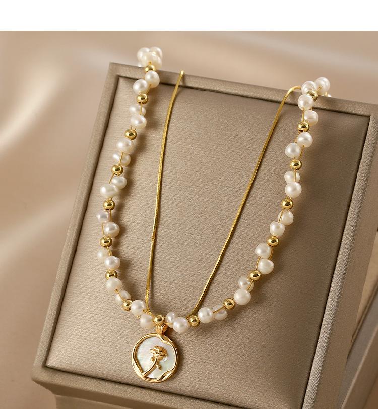 Pearl Layered Chain Double Weave Necklace Niche High-end Sense Women's Romantic Rose Flower Gift Temperament