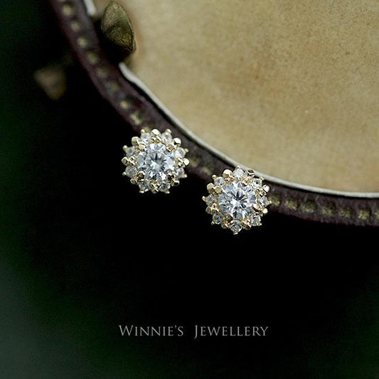 925 Sterling Silver 14k Gold Plated Earrings Warm Little Sun Gorgeous Vintage Palace Style Zircon Mini