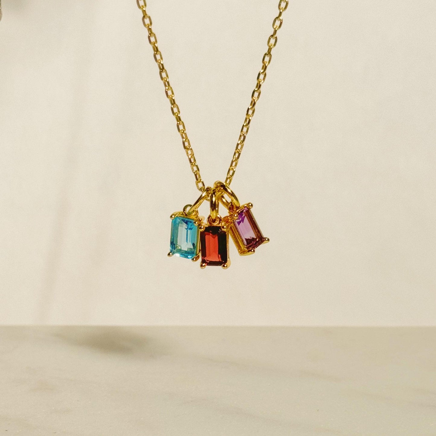 Titanium Steel Necklace Rectangular December Birthstone Pendant Colorful Zircon Clavicle Chain for Women Color Retention 18K Gold Plated Color Retention