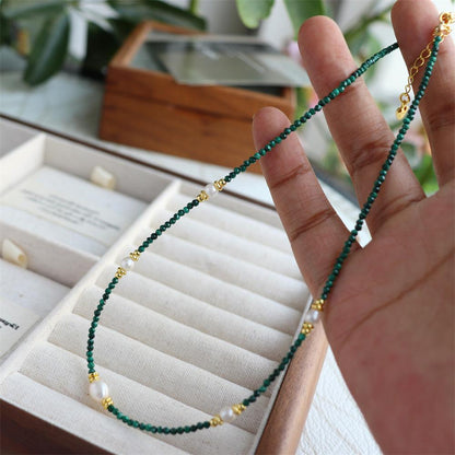 Design Simple Natural Lapis Lazuli Malachite Freshwater Petal Pearl Necklace Ultra-fine Layered Collarbone Chain Necklace